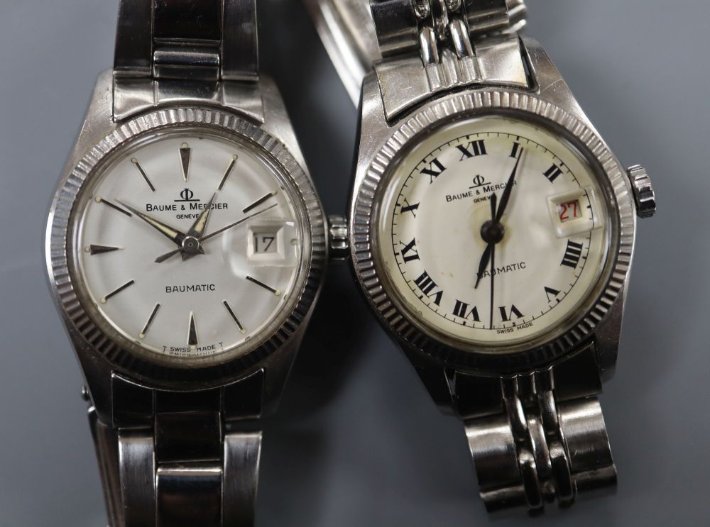 Two ladys stainless steel Baume & Mercier Baumatic wrist watches, one on associated strap.